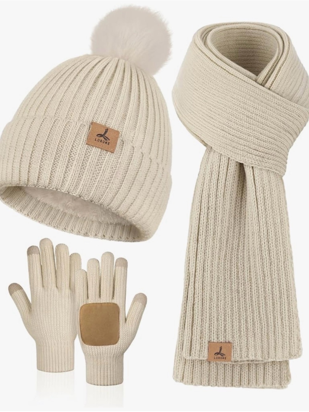 Fleece-lined Pompom Hat, Knitted Scarf, Touchscreen gloves set